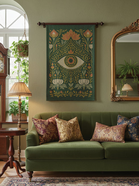 A 26x36 inch woven wall tapestry featuring a large, stylized all-seeing eye with a geometric, cathedral-like pupil. The eye is set on a moody dark green background, surrounded by a symmetrical, antique-style floral and foliage pattern in gold, cream, and red-orange. This vertical textile art evokes a dark academia, gothic, and mystical aesthetic. From a black owned shop.
